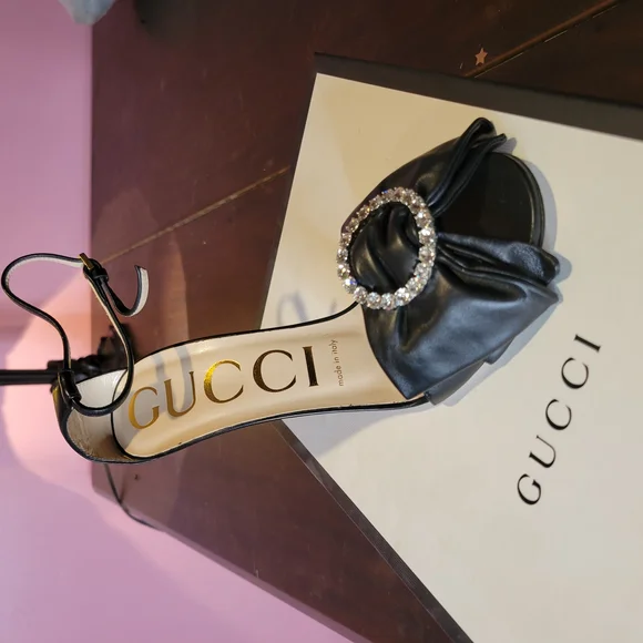 Super Sexy Gucci Black Women's Leather heels w Swarovski Crsytals 37.5 Like New - Picture 10 of 15